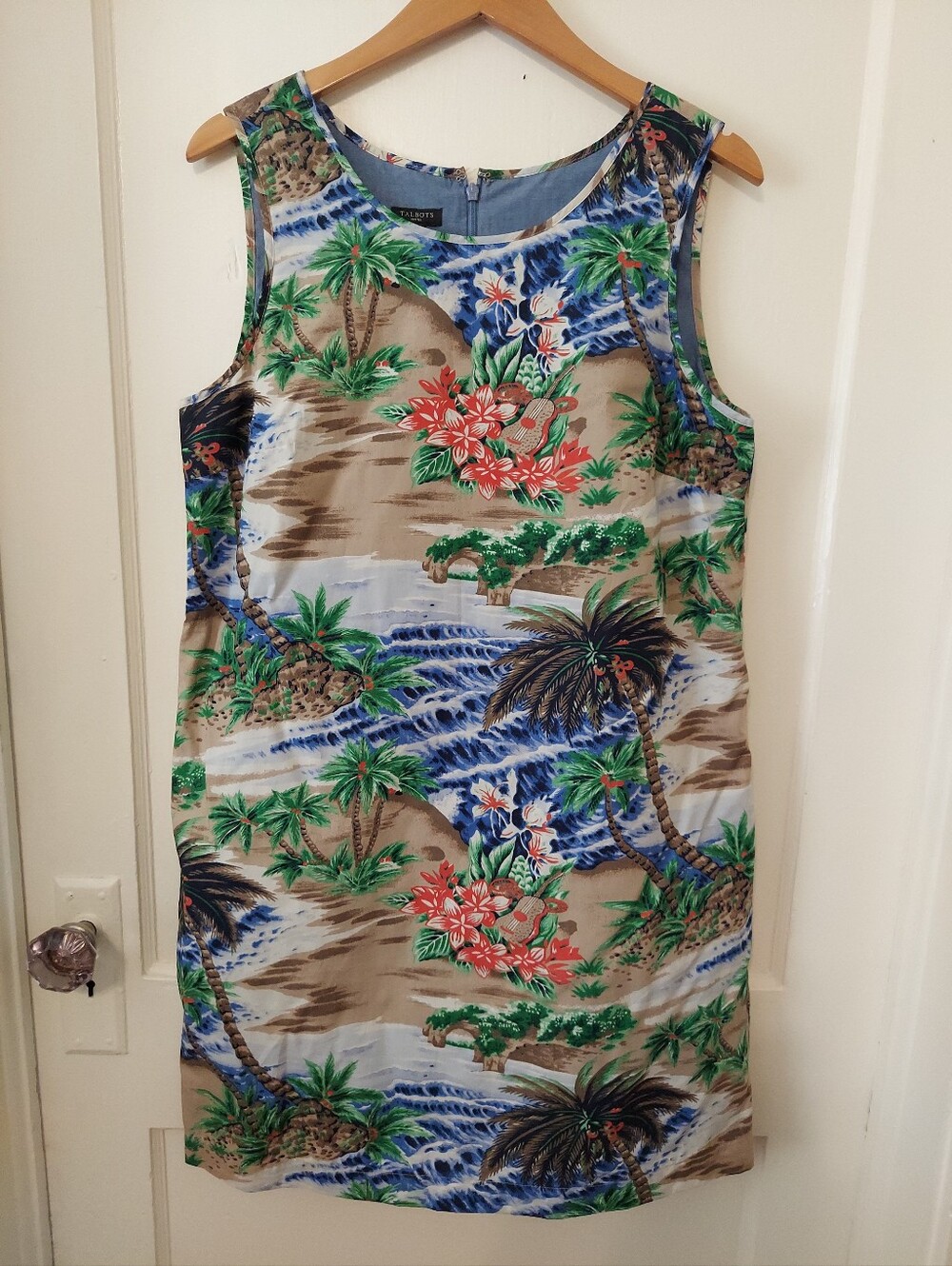 Talbots Shift Dress Womens 12P Sleeveless Cotton Tropical Island Summer Resort